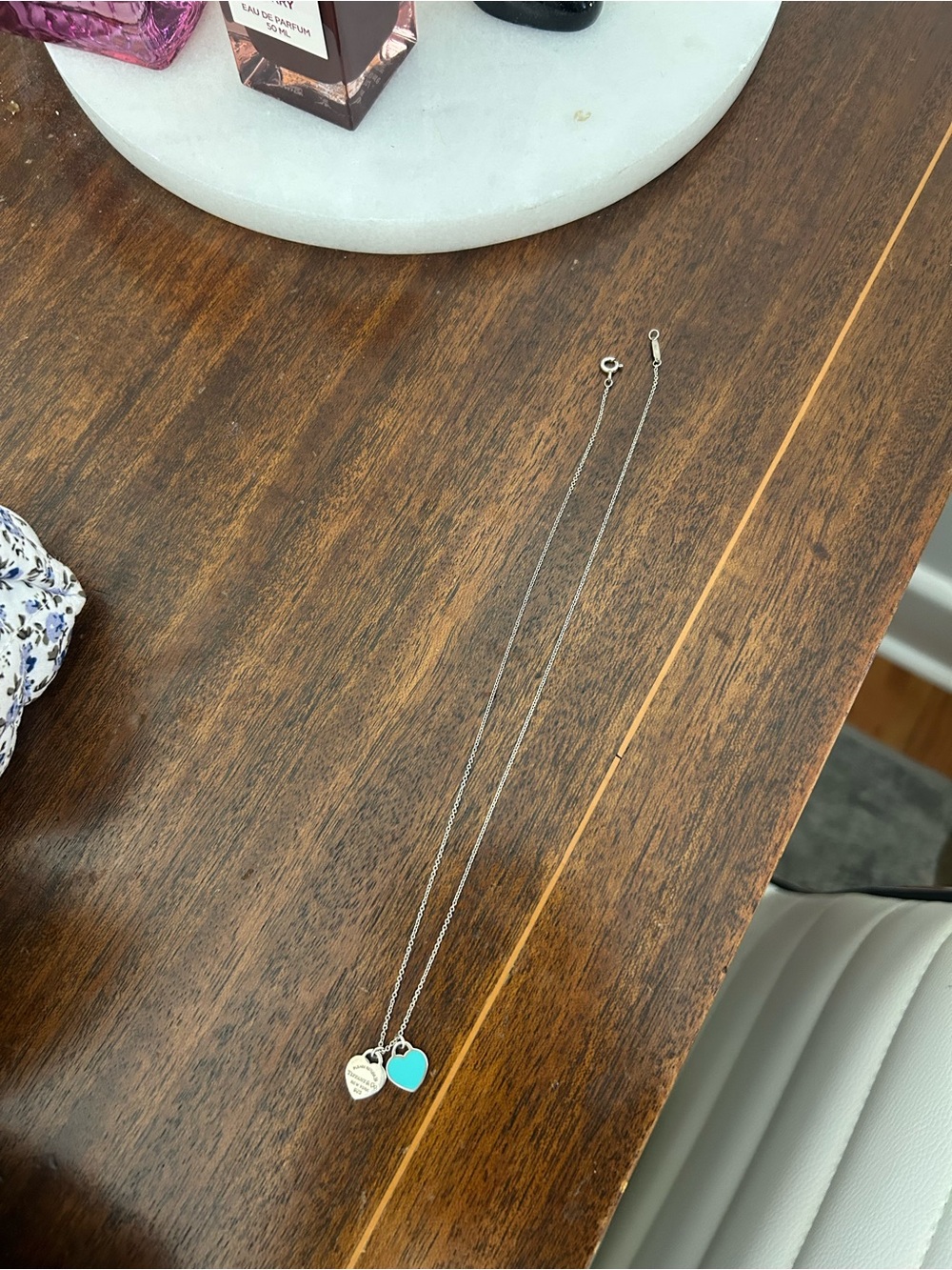 Tiffany & Co. Silver Chain with Turquoise Heart and Engraved Heart Tags